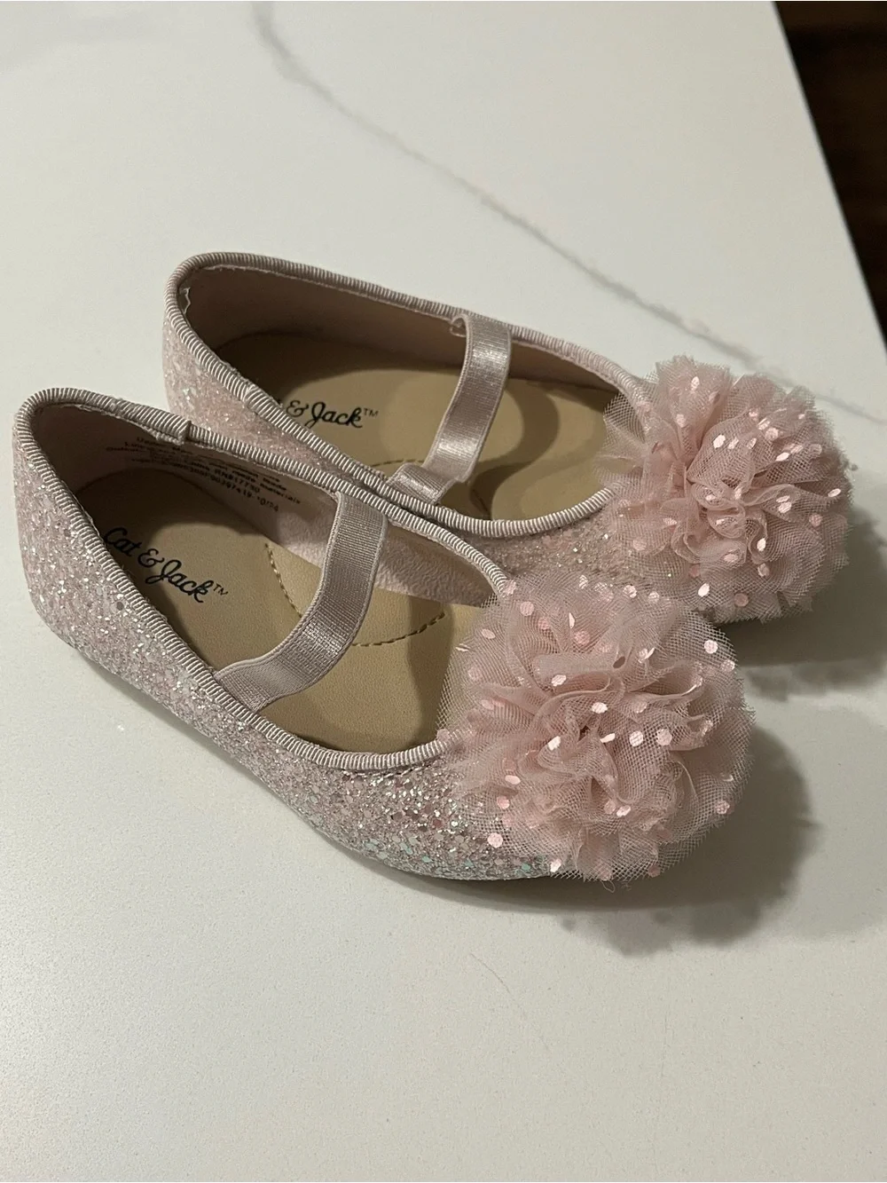 Cat & Jack Light Pink Glitter Pom Pom Mary Jane Kids Shoes